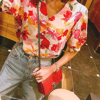 Puff-sleeve Floral Linen Blend Blouse
