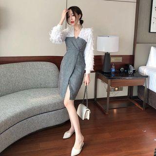 Fringed-yoke Herringbone Wrap Dress Gray - One Size