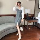 Fringed-yoke Herringbone Wrap Dress Gray - One Size