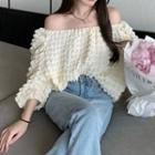 Off-shoulder Puff Sleeve Shirred Plain Top Almond - One Size