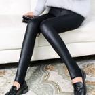 Fleece-lined Stirrup Faux Leather Leggings Black - One Size