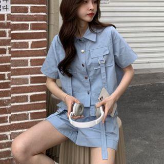 Short-sleeve Plain Double Pocket Cargo Top / High-waist Plain Double Pocket Shorts