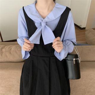 Bow-accent Long-sleeve Blouse / Plain Sleeveless Dress