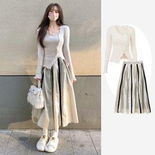 Lettuce Edge Slit Knit Top / Striped Midi A-line Skirt / Set
