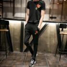 Set: Rose Embroidered Short-sleeve T-shirt + Skinny Sweatpants