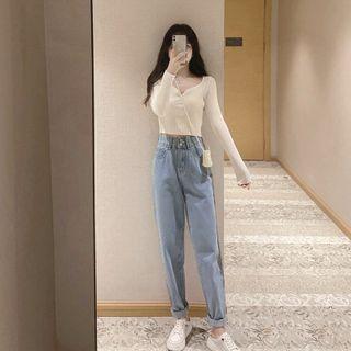 Set: Long-sleeve Top + High Waist Straight Leg Jeans