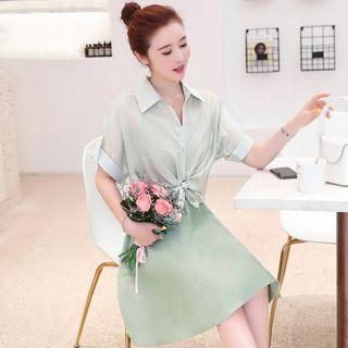 Set: Spaghetti Strap A-line Dress + Short-sleeve Chiffon Shirt