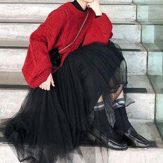 Set: Knit Loose-fit Sweater + Mesh Midi Skirt