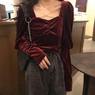 Velvet Shirred Blouse Wine Red - One Size