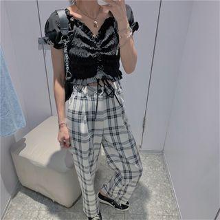 Frilled V-neck Short-sleeve Cropped Top / Plaid Straight-leg Pants