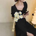 Puff-sleeve Slit-hem Midi A-line Dress