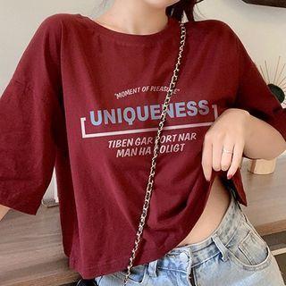 Elbow-sleeve Lettering Print Cropped T-shirt