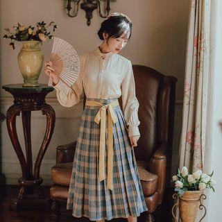Set: Short-sleeve Stand Collar Blouse + Tie-waist Plaid Pleated Midi A-line Skirt