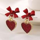 Bow Heart Dangle Earring 1 Pair - Stud Earrings - Red Bow & Heart - Gold - One Size