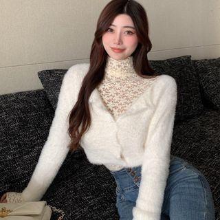 Long-sleeve Turtleneck Lace Top With Lining - Almond - One Size