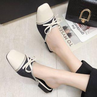 Bow-accent Faux Leather Low Heel Square Toe Mules