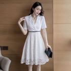 Collared Short-sleeve Lace Panel Midi A-line Dress