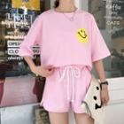 Set : Smiley Face Elbow-sleeve Top + Shorts