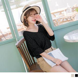 Ruffled Sleeve V-neck Dot Print Top