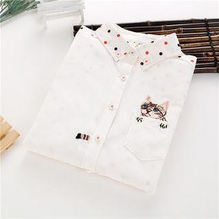 Embroidered Cat Dotted Long-sleeve Blouse