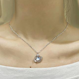 Rhinestone Planet Pendant Necklace 1pc - Silver & Light Blue - One Size