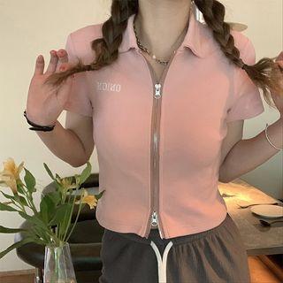 Short-sleeve Collar Letter Embroidered Zipped T-shirt