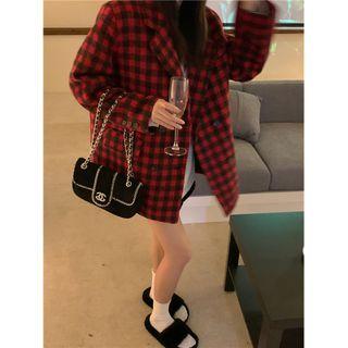 Plaid Double-breasted Blazer Red - One Size