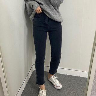 Plain High-waist Washed Shift Jeans