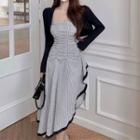 Set: Long-sleeve Plain Cropped Blazer / Striped Asymmetric Tube Dress