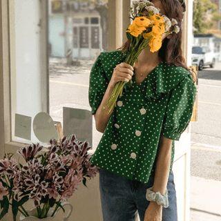 Ruffle-collar Double-breasted Dotted Blouse