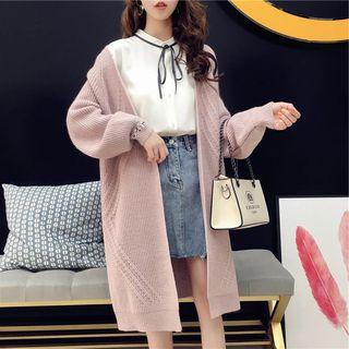 Open-front Flower Embroidered Long Cardigan