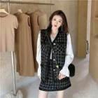 V-neck Blouse / Tweed Vest / Tweed Skirt / Set