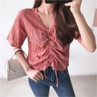 Drawcord Crinkled Striped Blouse