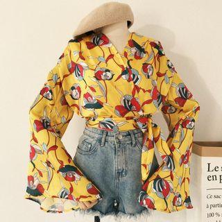 Flower Print Bell-sleeve Chiffon Wrap Top