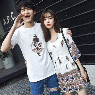 Couple Matching Short-sleeve T-shirt / 3/4-sleeve Chiffon Dress