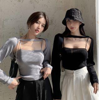 Plain Long-sleeve Shawl / Camisole Top - 2 Colors