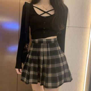 Set: Long-sleeve Crop T-shirt + Plaid A-line Skirt