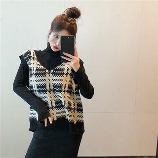 Plain Turtleneck Long-sleeve Slim-fit Top / Check V-neck Knit Vest / Plain Skirt