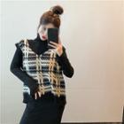 Plain Turtleneck Long-sleeve Slim-fit Top / Check V-neck Knit Vest / Plain Skirt