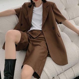 Set: Short-sleeve Double-breasted Blazer + Straight Leg Dress Shorts