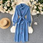 Tie-neck Long-sleeve Knit Sheath Dress