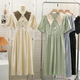 Colorblock Puff-sleeve Midi Dress