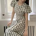 Puff-sleeve Cutout Plaid Dress