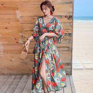Elbow-sleeve Floral Print Slit Midi A-line Dress