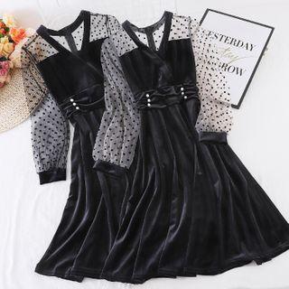 V-neck Mesh Lace Dot Velvet Dress