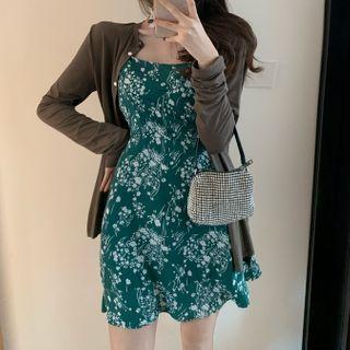 Spaghetti-strap Floral Print Sheath Dress / Long Sleeve Plain Cardigan