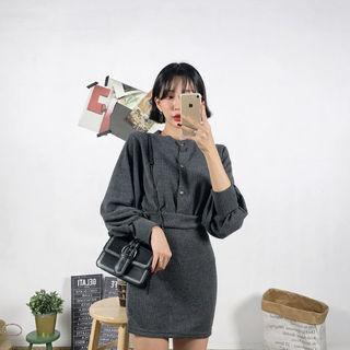 Set: Crew-neck Balloon-sleeve Cardigan + Miniskirt