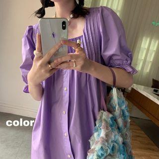 Puff-sleeve Pintuck A-line Dress