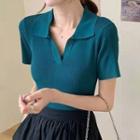 Short-sleeve Polo Collar Plain Slim Fit Ribbed Knit Top