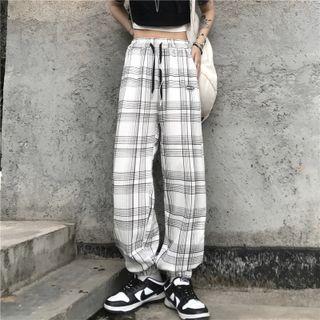 Drawstring Waist Plaid Joggers